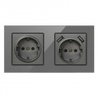 Priza Dubla De Perete Cu 2 Porturi USB Si Panou Din Sticla Techstar® TS-G, 110-250V, 16A, Ignifuga, 80x151mm, Gri