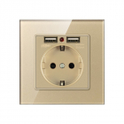 Resigilat Priza de Perete cu 2 Porturi USB si Rama din Sticla Techstar® TS-GL, 110-250V, 16A, Ignifuga, 86x86mm, Auriu