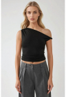 Top  slim fit - guler asimetric - umeri goi - negru - jerseu - Negru