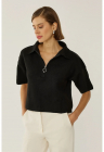 Pulover dama -  tricotat cu guler cu fermoar - slim fit - negru - acrilic