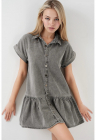 Rochie scurta din denim HiCCUP – guler camasa – detaliu cu nasturi – gri – bumbac – FashionDays.ro