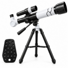 Telescop astronomic pentru copii si incepatori, cu trepied, luneta de cautare si suport pentru telefon, alb-negru – Hiris.ro