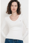 Bluza slim fit striata cu decolteu in V - Alb/Alb murdar