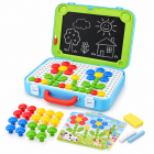 Valiza creativa 2 in 1 cu tabla de desen si joc mozaic, 47 piese, 8 planse duble si accesorii, albastru, 3+ ani – Hiris.ro