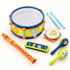 Set instrumente muzicale pentru copii cu toba, fluier, muzicuta, tamburina si maracas, multicolor, 3 ani+ – Hiris.ro