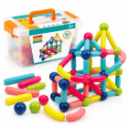 Joc educativ magnetic cu 64 de piese pentru constructii 3D, tije, bile colorate si cutie de depozitare cu maner, 3+ ani – Hiris.ro