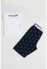 Pijama din amestec de bumbac cu pantaloni lungi - Alb/Bleumarin