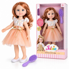 Papusa Jelena cu par ondulat, rochie din tul si perie inclusa, 38 cm, Piersica/Crem, 3 ani+ – Hiris.ro