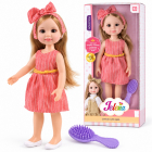 Papusa Jelena cu par lung, rochie in dungi si perie inclusa, 38 cm, Roz, 3 ani+ – Hiris.ro
