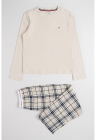 Pijama din bumbac cu pantaloni in carouri – Alb fildes/Negru – FashionDays.ro