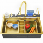 Chiuveta bucatarie multifunctionala smart BadenMob, 1 cuva, inox auriu, afisaj digital, doua cascade, spalator pahare, dozator detergent, baterie extensibila cu 3 functii, tocator, tava si sita inclusa, antizgarieturi, sistem preaplin, 75 x 45 x 22 … – MatHaus.ro