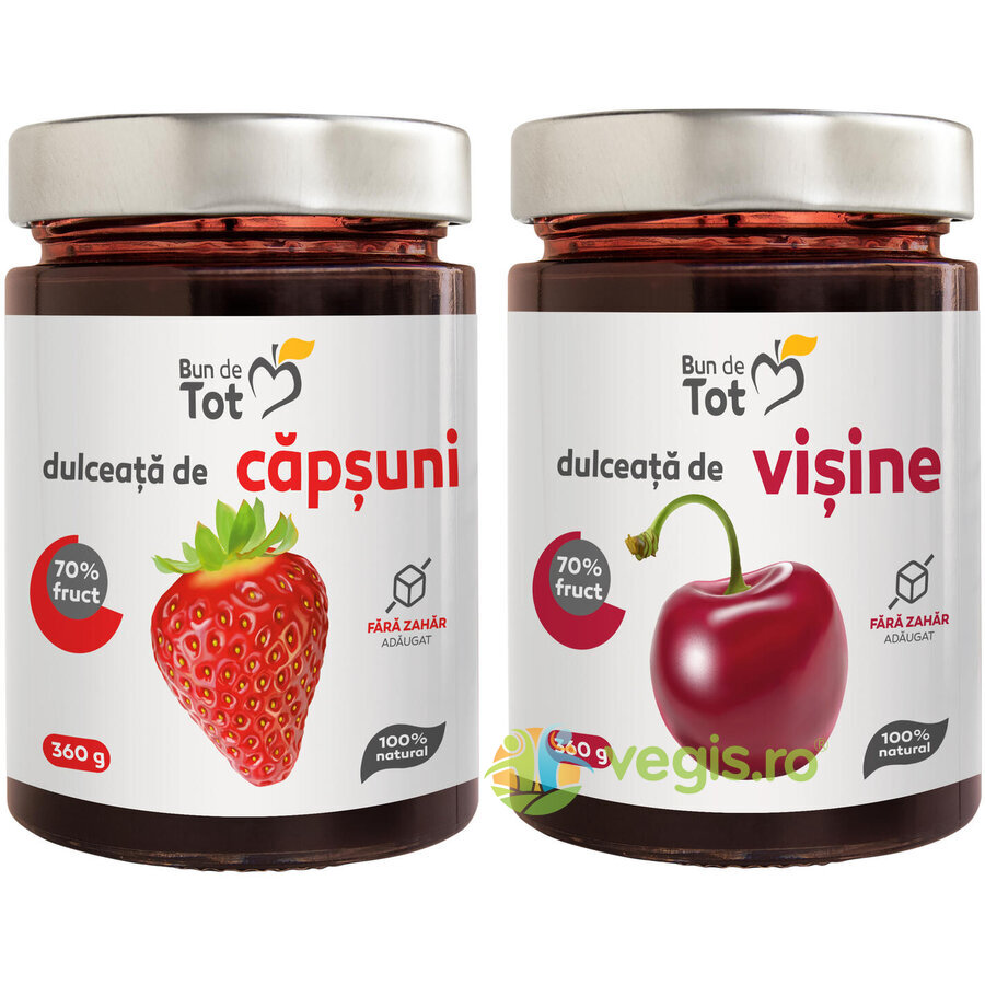 Oferte la Pachet Dulceata de Capsuni fara Zahar 360g + Dulceata de Visine fara Zahar 360g