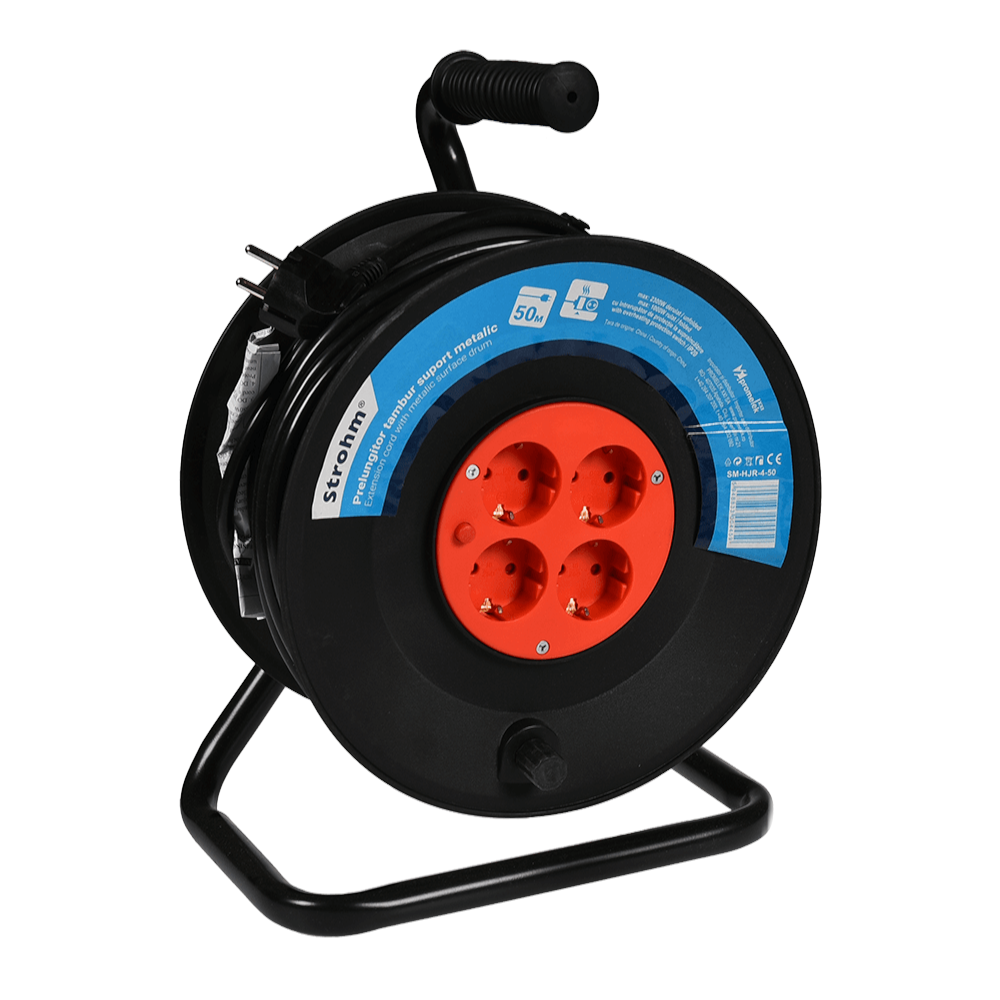 Oferte la Prelungitor cu tambur Strohm, suport metalic, 4 prize, 3 x 1.5 mm², 50 m