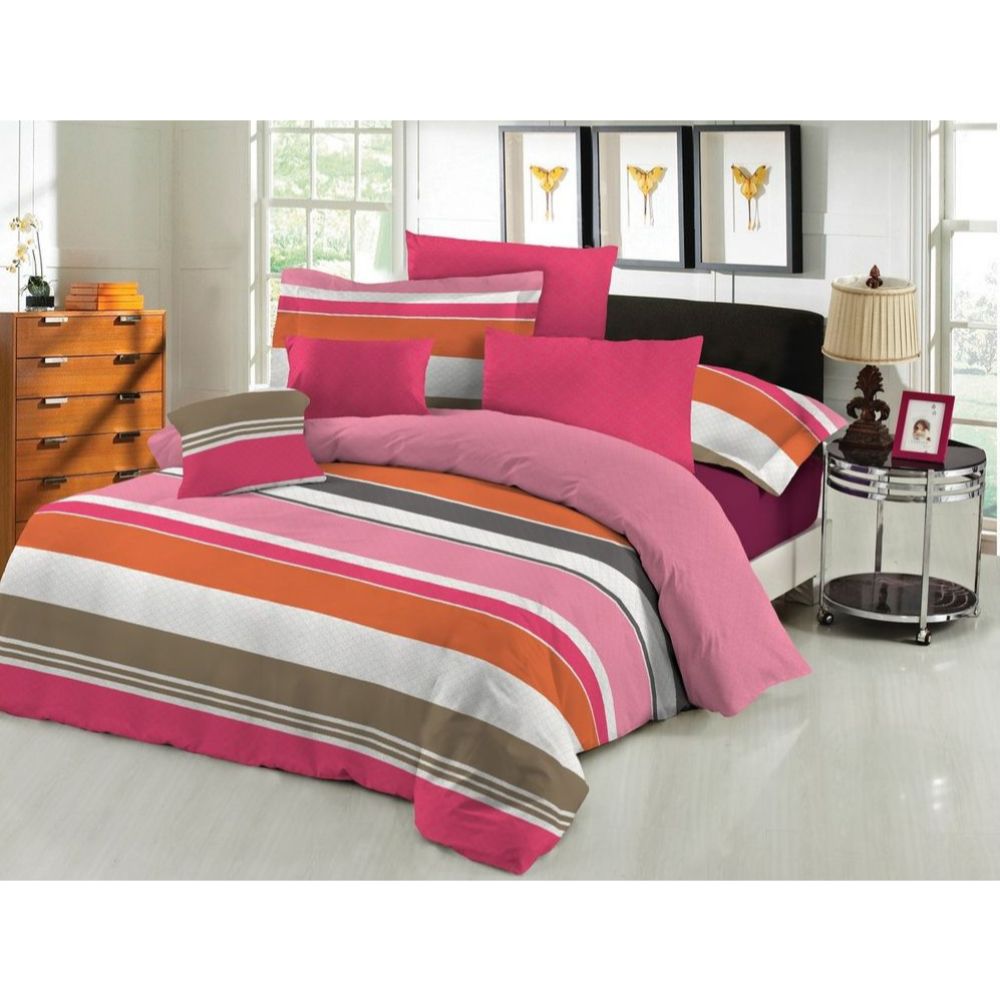 Oferte la Lenjerie pat Minet Conf, 2 persoane, 4 piese, bumbac 100% , linii colorate cu roz
