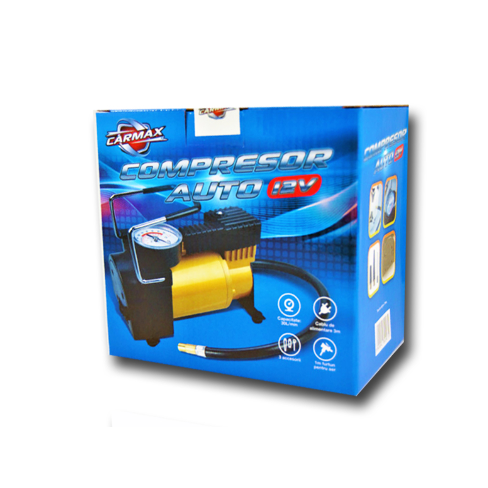 Oferte la Compresor auto Carmax 150PSI, mecanic, 3 adaptoare, 12 V, 16,3 x 8,3 x 15 cm