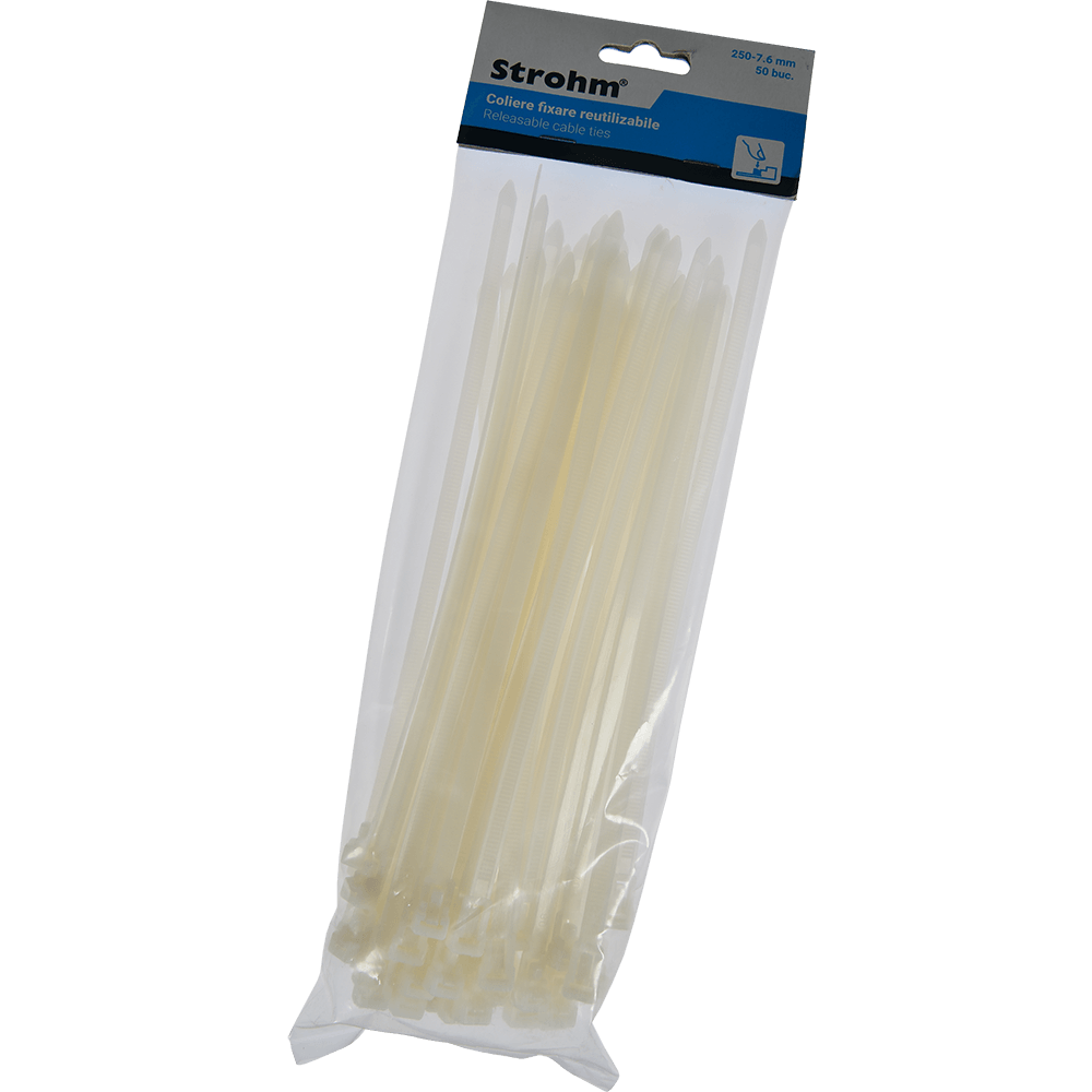 Oferte la Coliere reutilizabile PVC Strohm, 7-6 x 250 mm, alb, 50 bucati