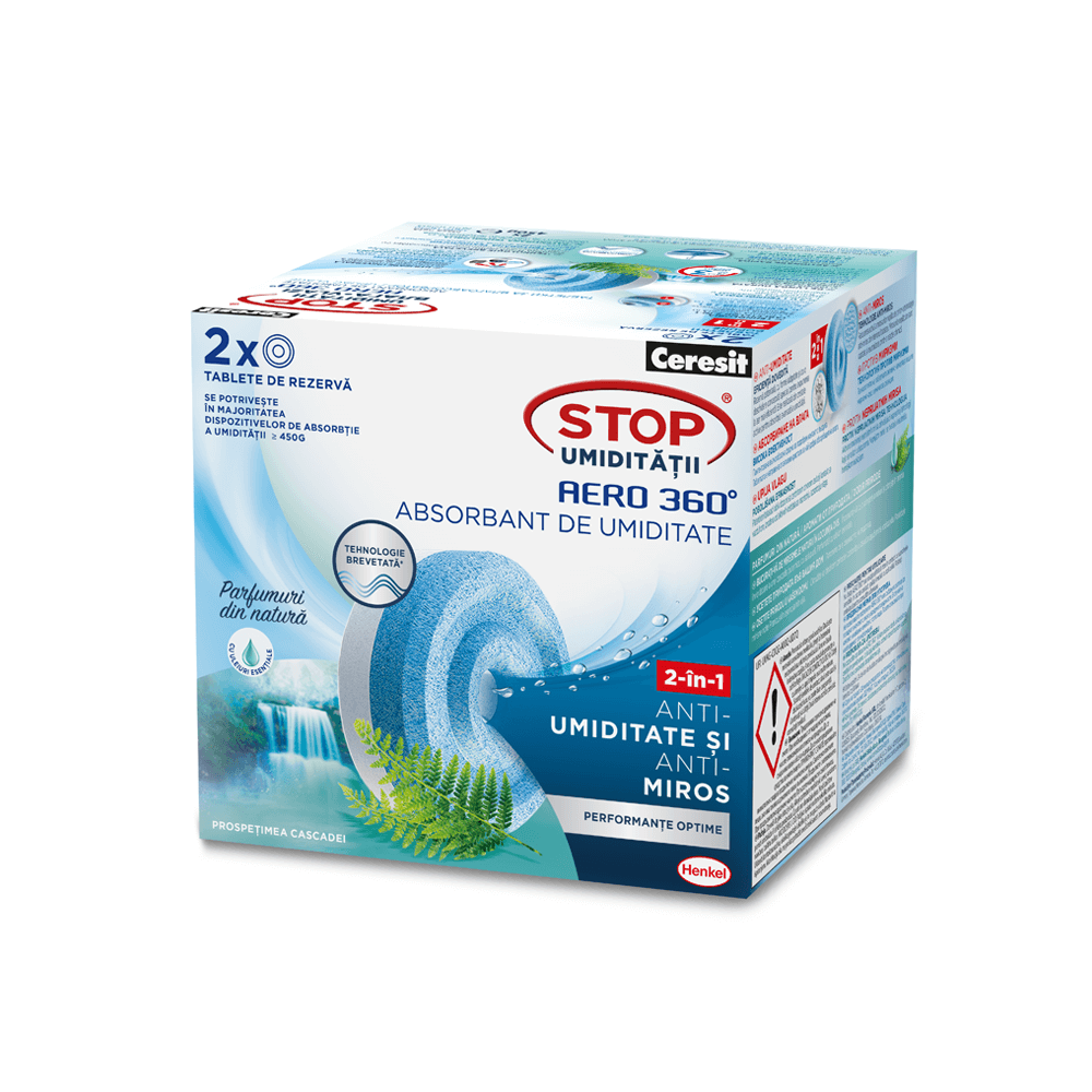 Oferte la Rezerve aparatRezerve aparat antiumiditate Ceresit Aero 360, parfum prospetimea cascadei, 2 x 450 g antiumiditate Ceresit Aero 360, interior, fructe, 2 x 450 gr