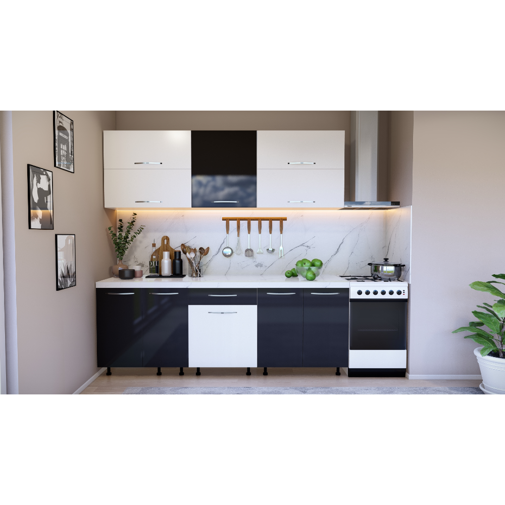 Oferte la Mobilier bucatarie Mobylux Cairo, MDF si pal melaminat, negru-alb lucios, blat inclus, lungime 2.2 m