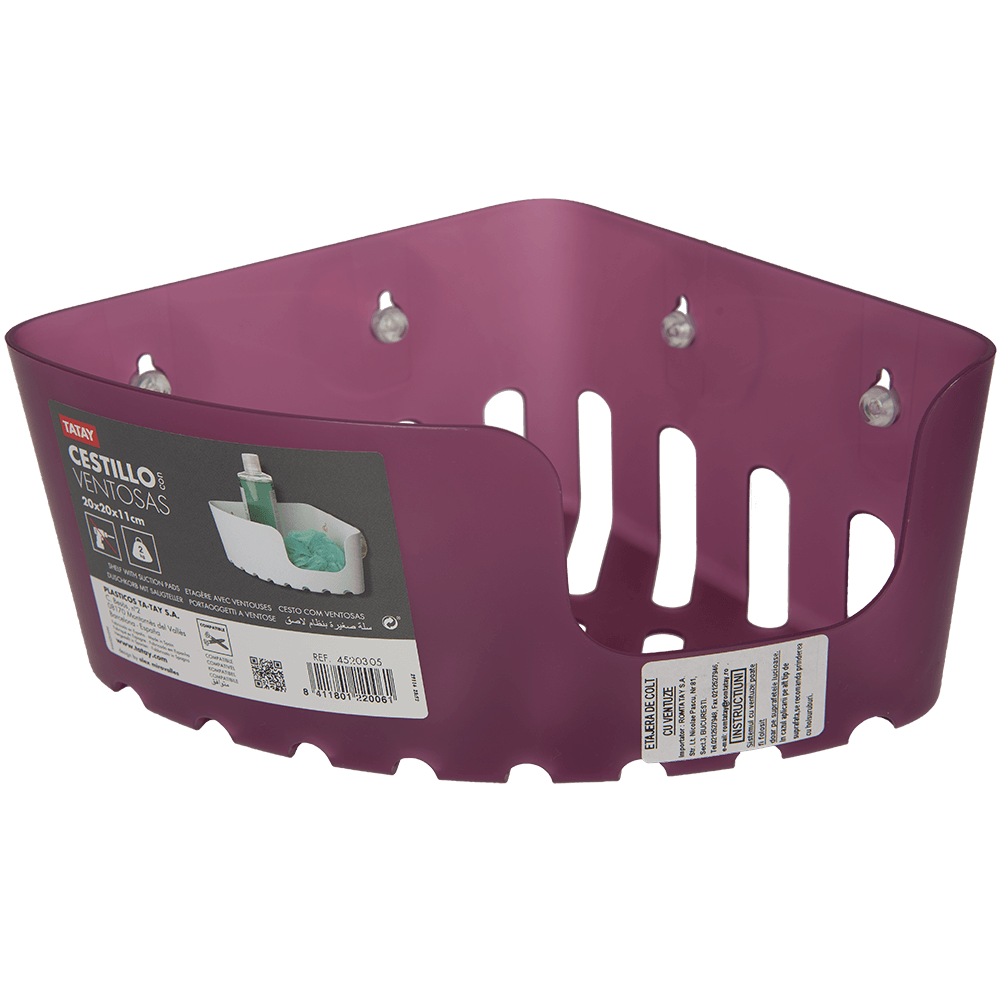Oferte la Etajera mica de colt cu ventuze Tatay, plastic, mov, 1 raft, 20 x 20 x 11 cm