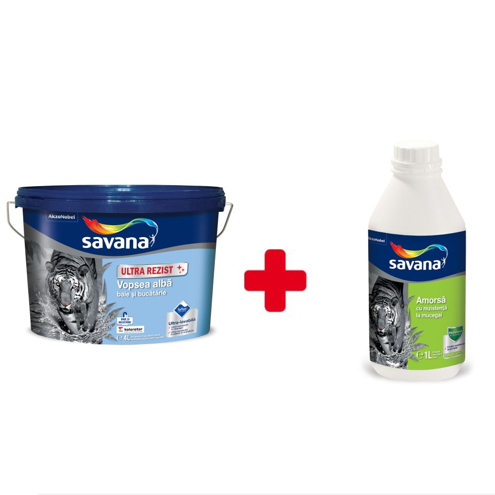 Oferte la Vopsea ultra-lavabila antimucegai Savana Ultra Rezist, interior, baie si bucatarie, alb, 4 l + Amorsa 1 l