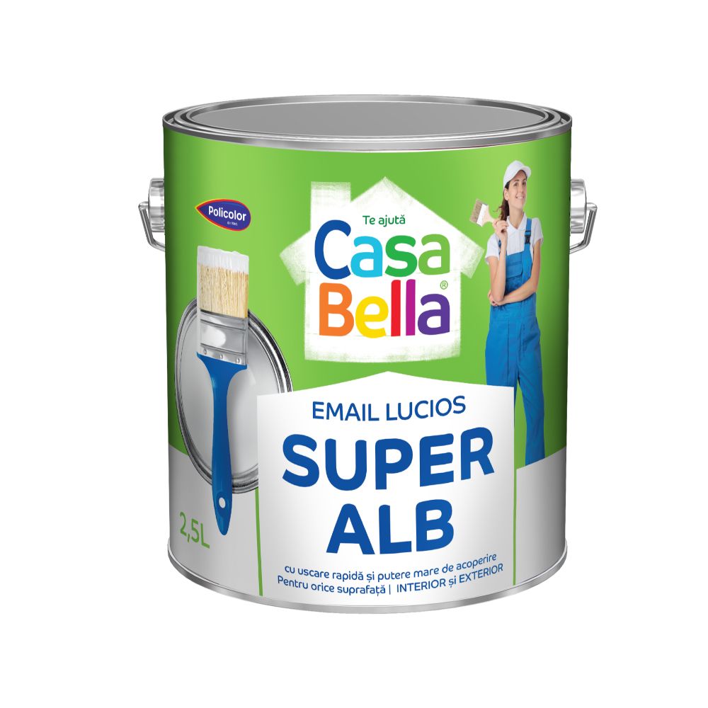 Oferte la Vopsea alchidica/email Casabella Policolor, pentru lemn/metal, interior/exterior, super alb, 2.5 l