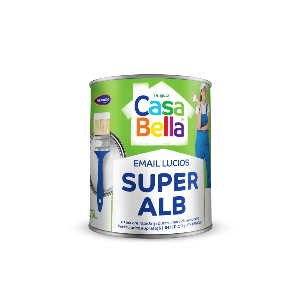 Oferte la Vopsea alchidica/email Casabella Policolor, pentru lemn/metal, interior/exterior, super alb, 0,75 l