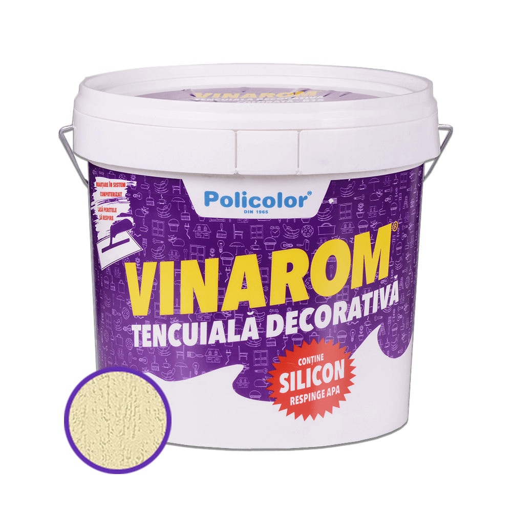 Oferte la Tencuiala decorativa siliconica Vinarom R15 Policolor, aspect praf de piatra, granulatie 1.5-2 mm, interior/exterior, galben solar, 25 kg