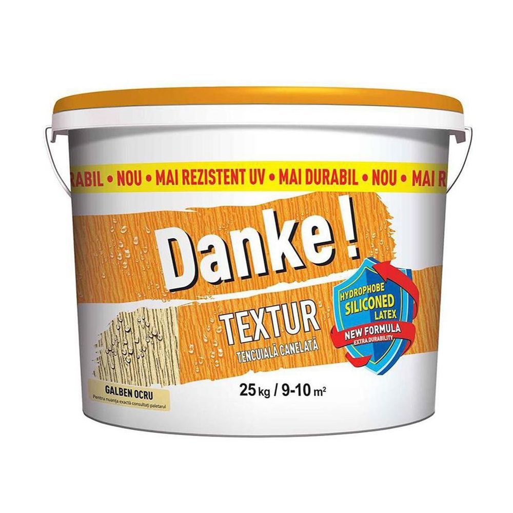 Oferte la Tencuiala decorativa siliconica Danke Textur, aspect scoarta de copac, granulatie 1.5-2 mm, interior/exterior, galben ocru, 25 kg