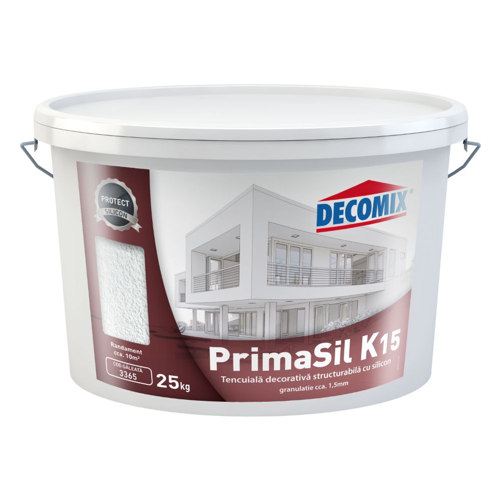 Oferte la Tencuiala decorativa siliconica Decomix PrimaSil K15, aspect praf de piatra, granulatie 1.5 mm, interior/exterior, alb, 25 kg