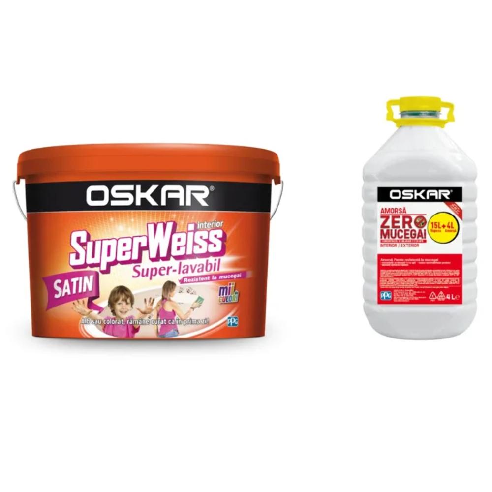 Oferte la Vopsea Super-Lavabila de interior Oskar SuperWeiss, rezistent la mucegai, alb satin, 15l + 4l Oskar Amorsa Zero Mucegai