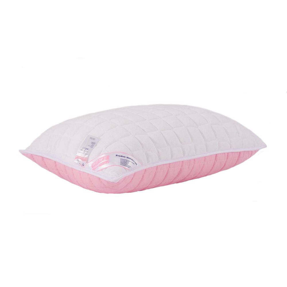 Oferte la Perna matlasata 4 anotimpuri pentru dormit, antialergica, fibre de poliester siliconizat + bumbac + microfibra, roz/ alb, 50 x 70 cm 