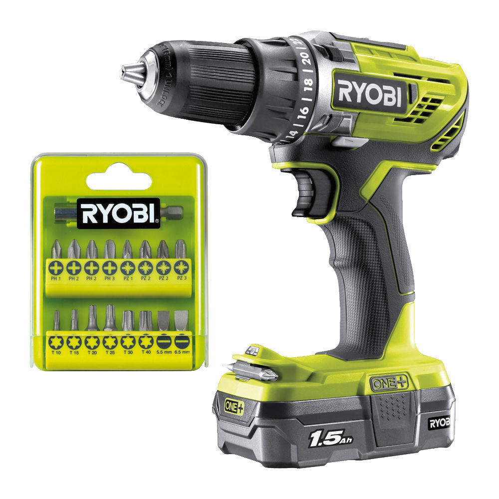 Oferte la Masina de gaurit si insurubat Ryobi R18DD3, 1800 rpm, mandrina cu clichet 13 mm, cu acumulator, 1500 mAh si set 17 biti