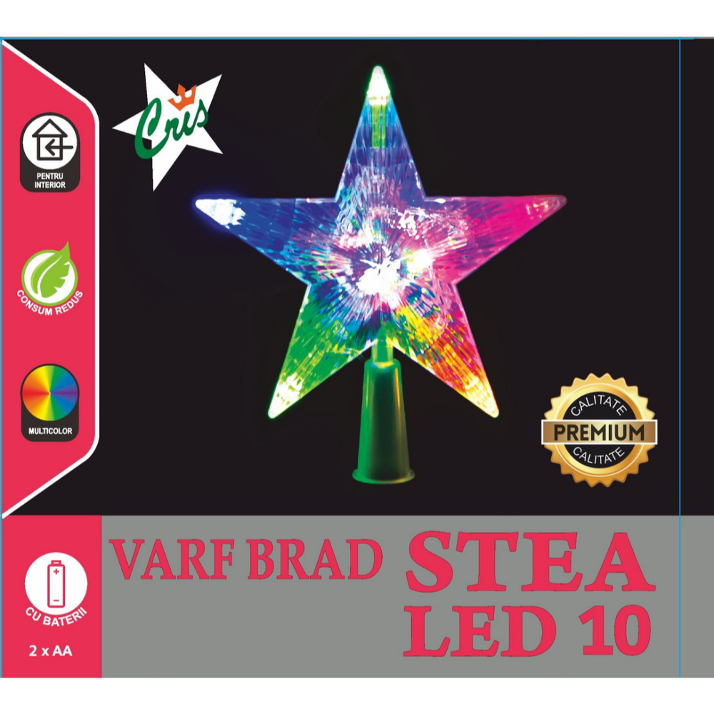 Oferte la Varf brad tip stea Craciun, Cris, 10 LED-uri multicolore, 15,5 cm, alimentare baterii 