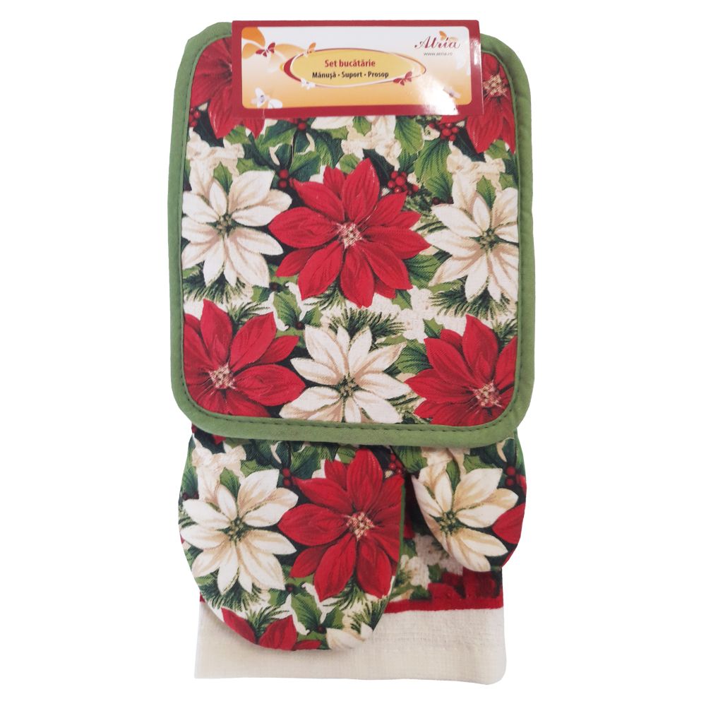 Oferte la Set 3 piese pentru bucatarie, alb-rosu, bumbac si poliester