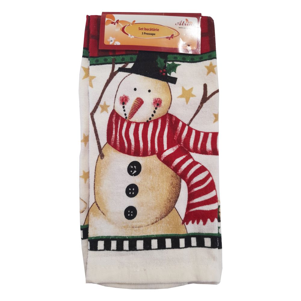 Oferte la Set 3 prosoape bucatarie Atria, model cu om de zapada, rosu-alb, 38 x 63 cm