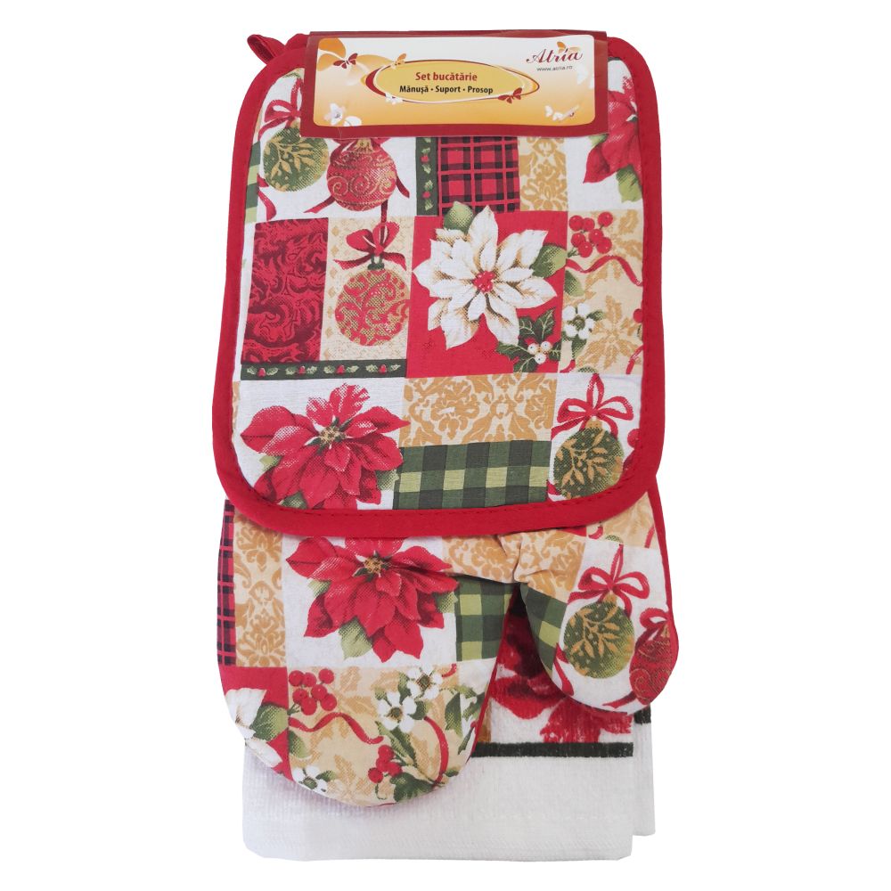 Oferte la Set 3 piese pentru bucatarie, model Craciun, bumbac si poliester