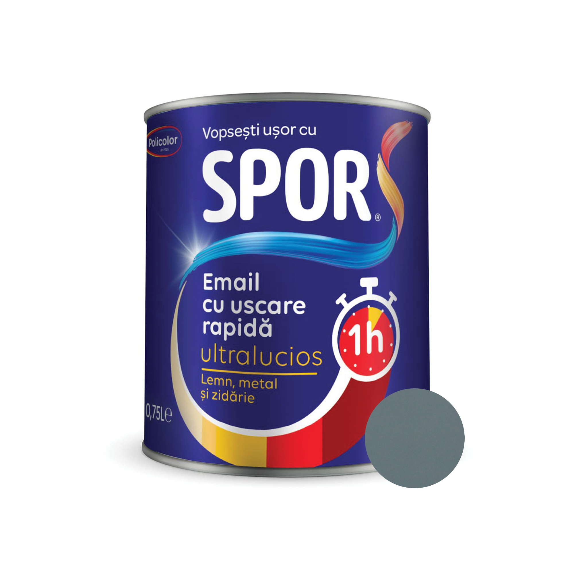 Oferte la Email ultralucios Spor, pentru metal, interior/exterior, pe baza de rasini alchidice,gri cenusiu, 0.75 l