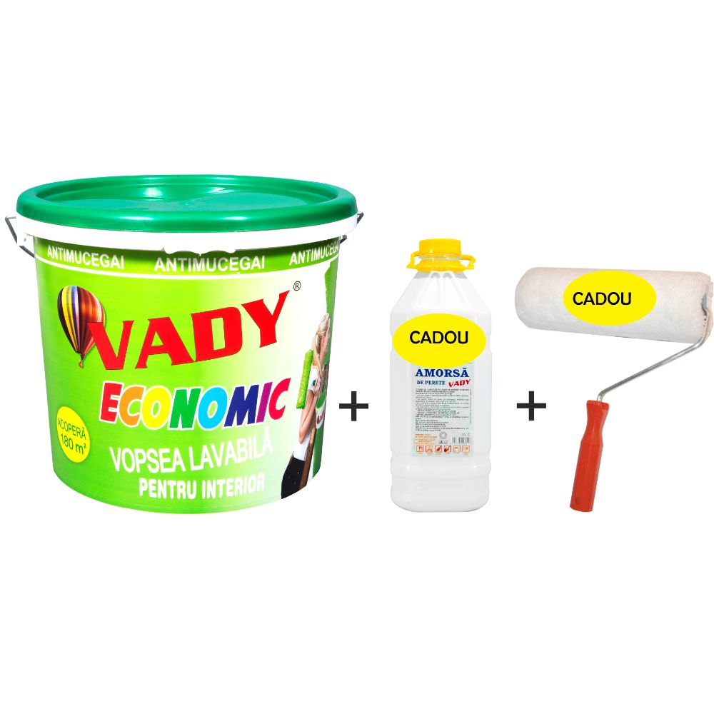 Oferte la Vopsea lavabila interior Vady, alb, 15 l + amorsa 3 l + trafalet 18 cm