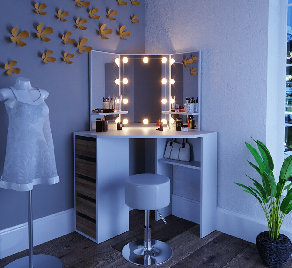 Masuta machiaj cu Oglinda LED si 5 Sertare pentru Cosmetice, Alb, masuta cosmetica, vanity - SEA274