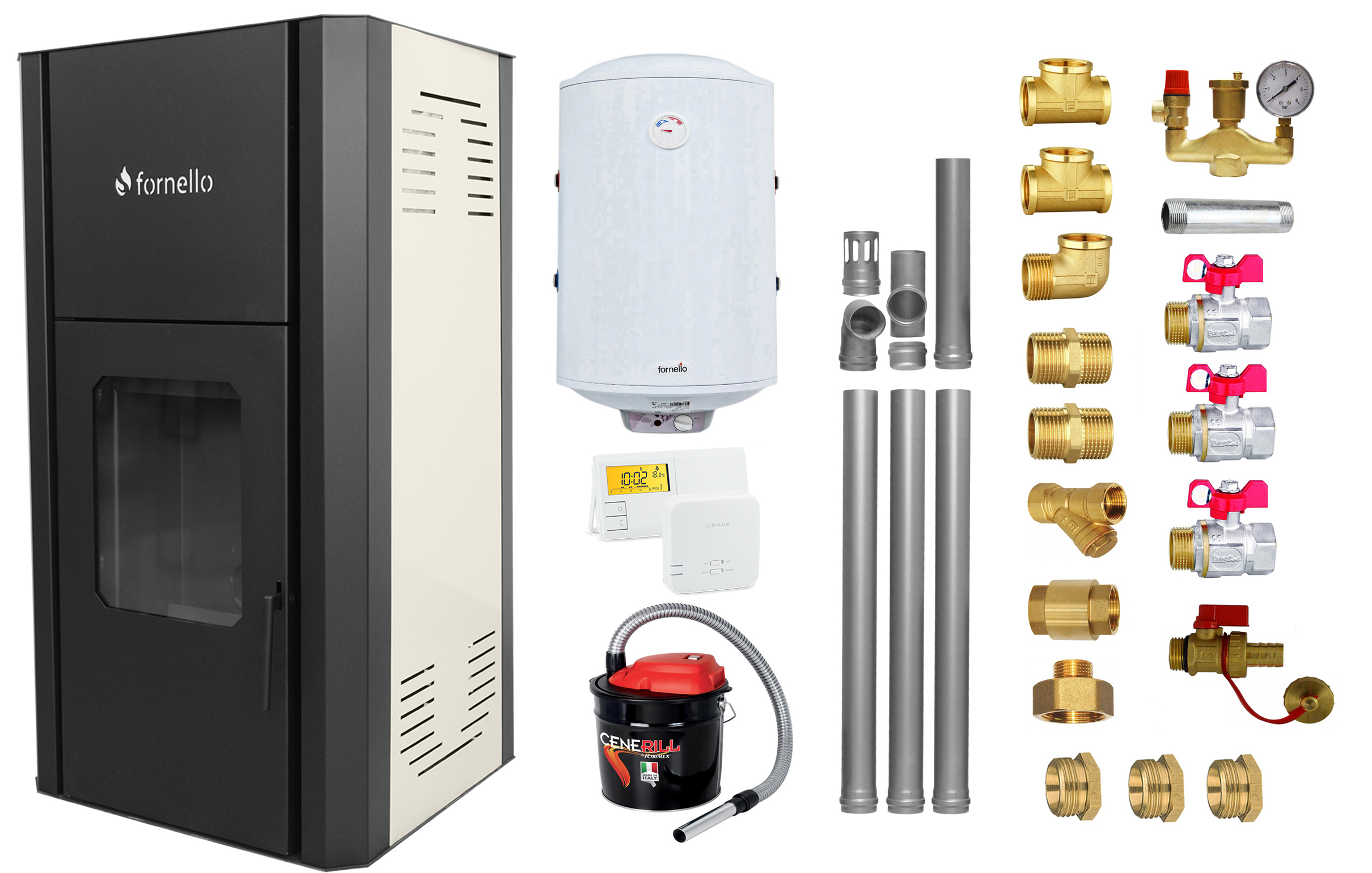 Pachet Termosemineu peleti Fornello Primo Pellet Ivory 30 kw complet echipat pentru incalzire pompa vas expansiune automatizare kit evacuare 3.5 ml Boiler Termoelectric Fornello 100 l Termos