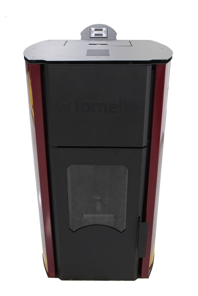 Pachet Termosemineu pe peleti Fornello Royal Bordeaux 25 kW complet echipat cu pompa vas expansiune automatizare culoare grena kit evacuare 2.5 ml Termostat Radio Comanda Salus 091FLRFV2 si