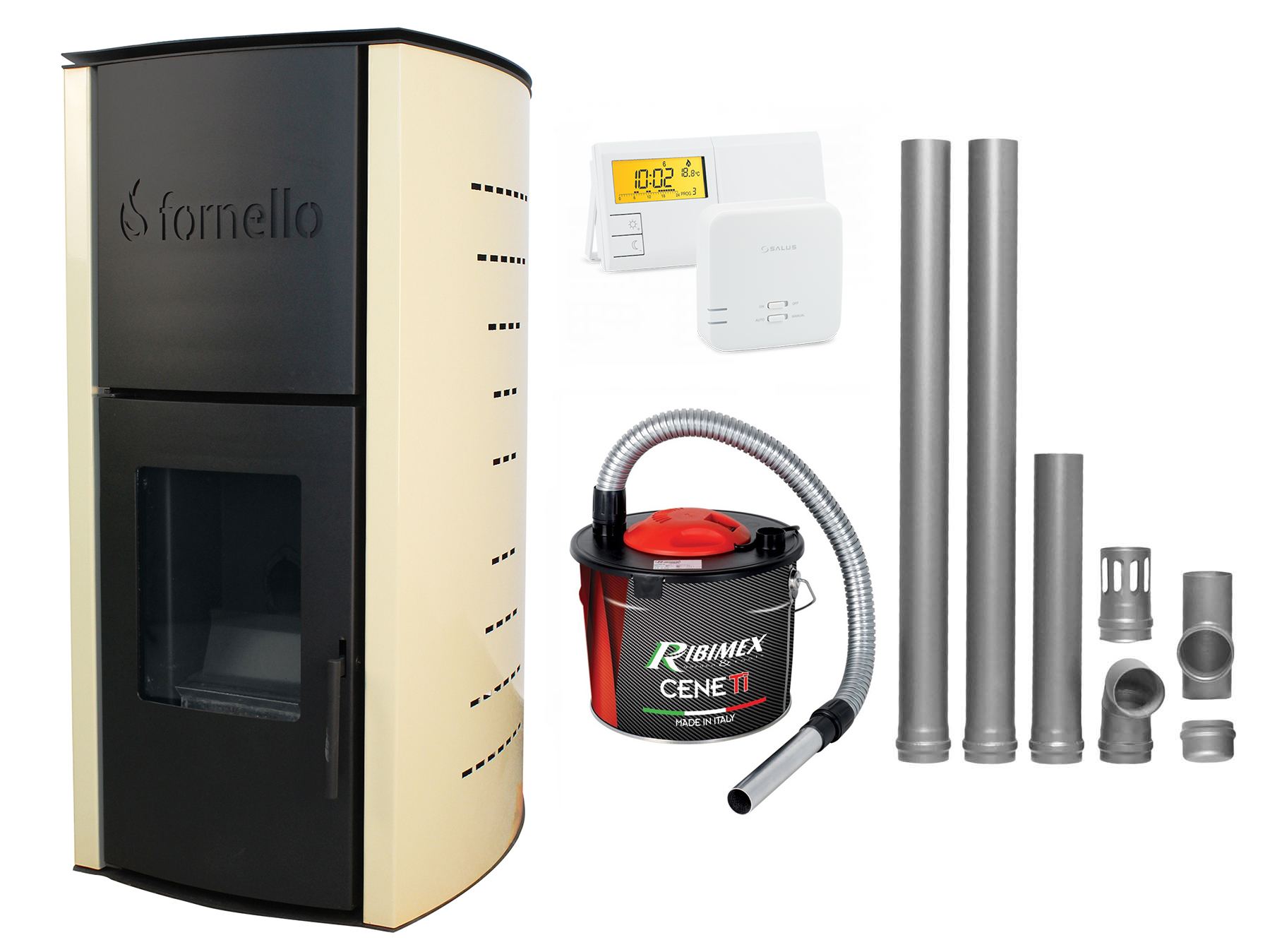 Pachet Termosemineu pe peleti Fornello Michelle 12 kW complet echipat cu pompa vas expansiune automatizare culoare ivory kit evacuare 2.5 ml Termostat Salus 091FLRFV2 si Aspirator Cenusa
