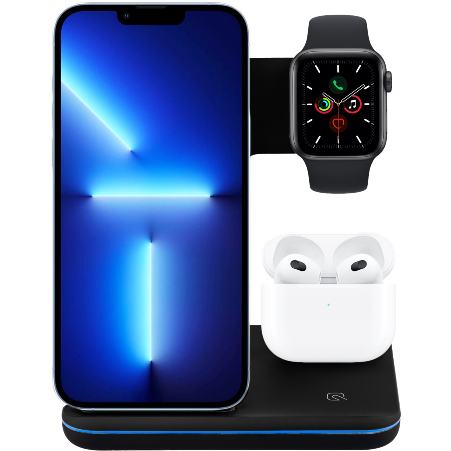 Oferte la Incarcator wireless NEX TECH® Qi Fast Charger 15W tip Statie de Incarcare 3 in 1, pentru Telefon, Casti, Apple Watch, Incarcare Rapida, Negru
