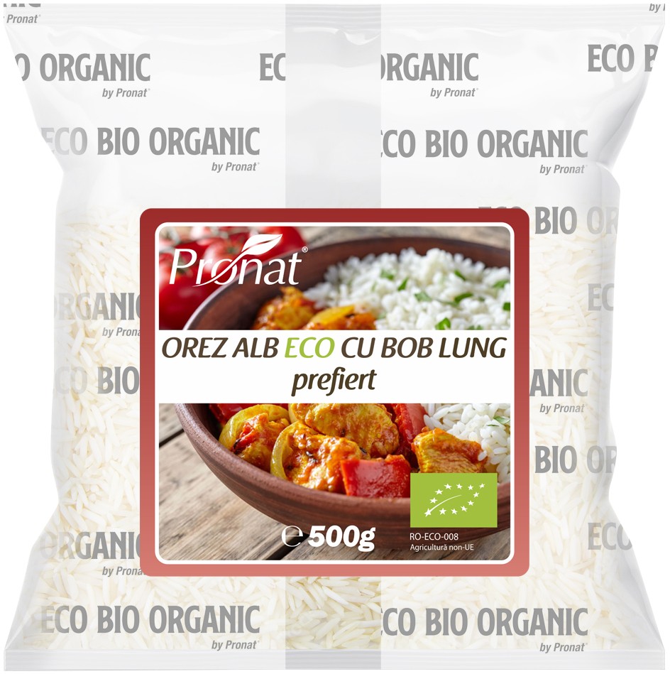 Oferte la Orez alb bio cu bob lung, prefiert, 500g Pronat