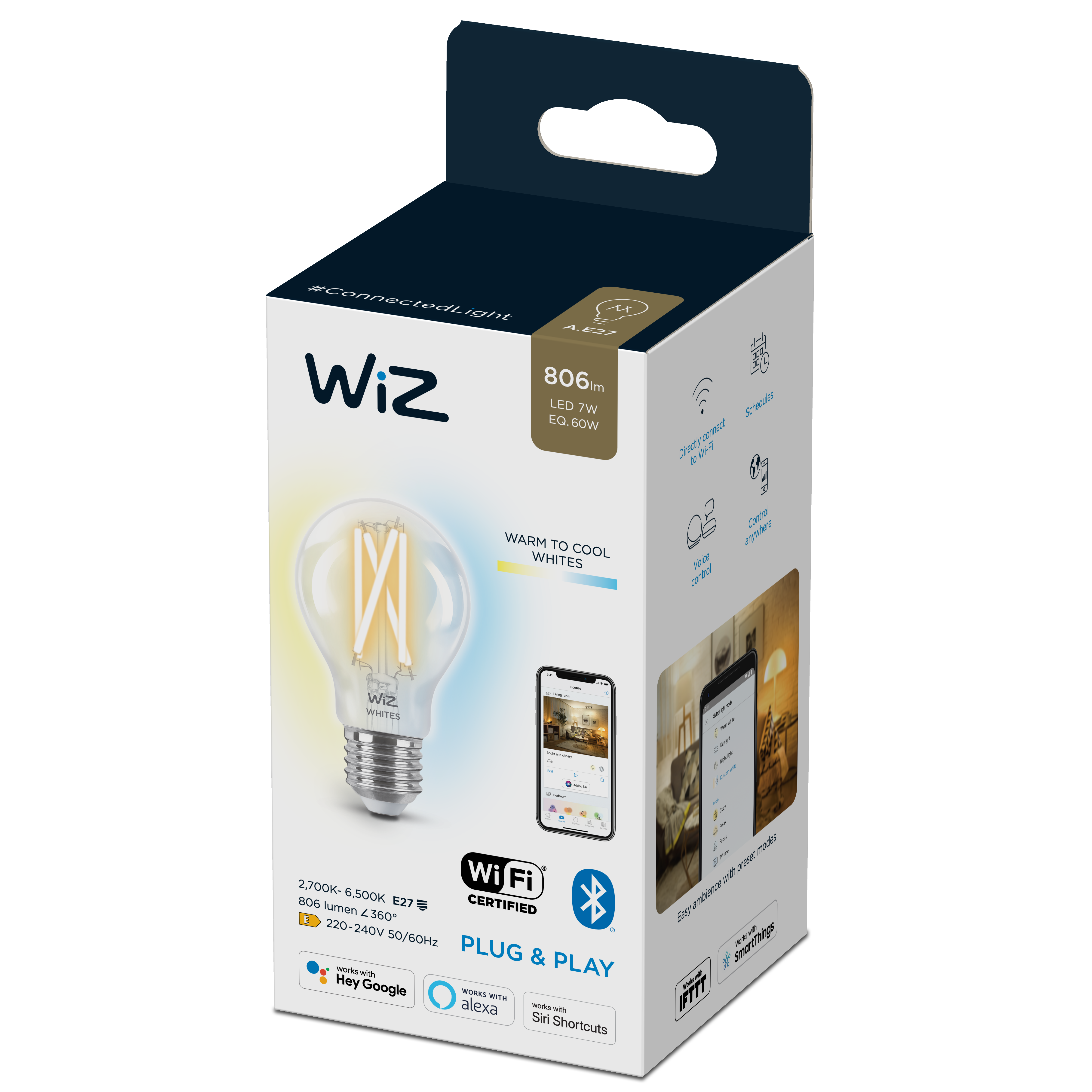 Oferte la Bec LED, glob, E27, 60 W, 806 Im, 2700k-6500k,   cu WIFI Wiz Connected Light, inaltime 106 mm, diametru glob 60 mm