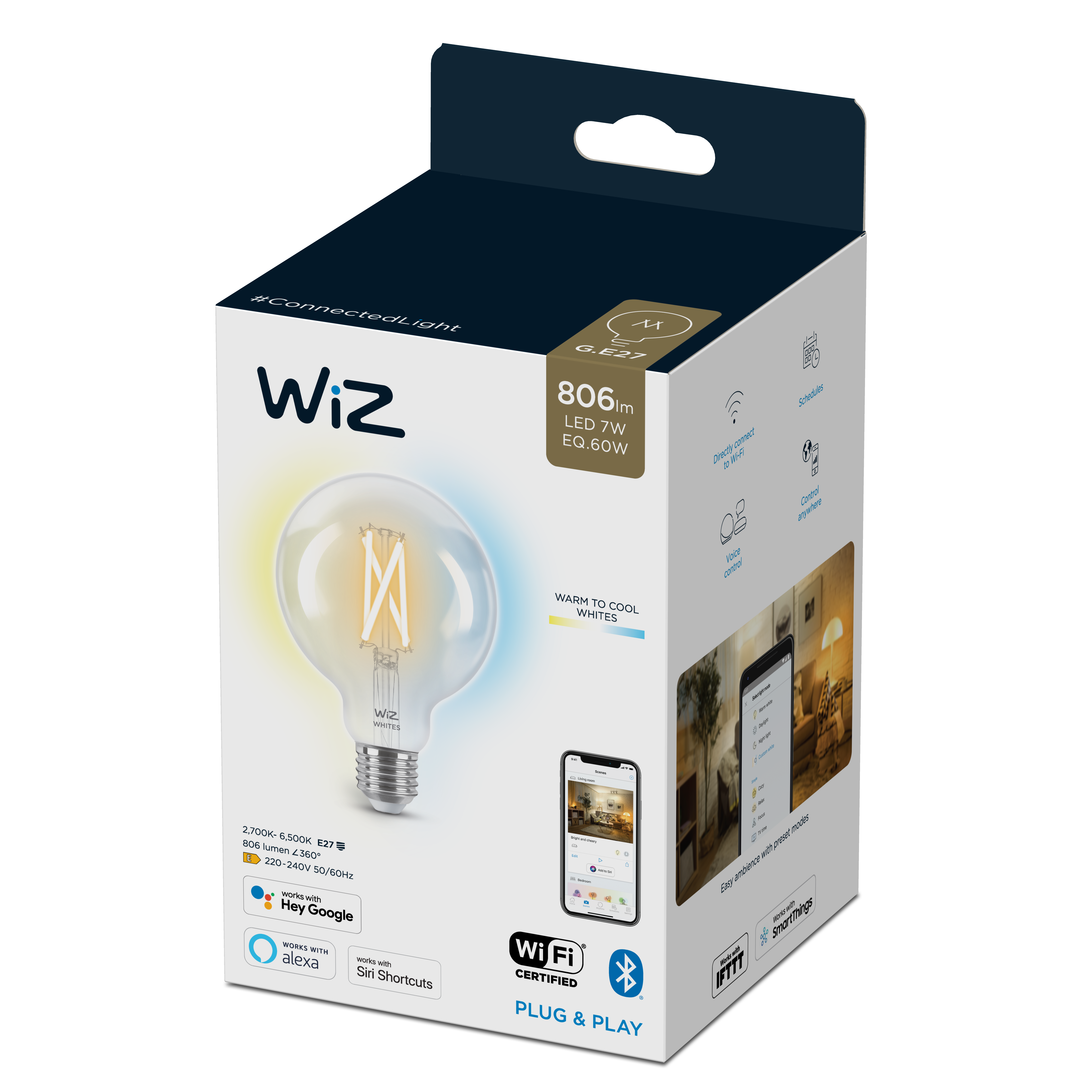 Oferte la Bec LED, glob, E27, 60 W, 806 Im, 2700k-6500k,   cu WIFI Wiz Connected Light, inaltime 142 mm, diametru glob 95 mm