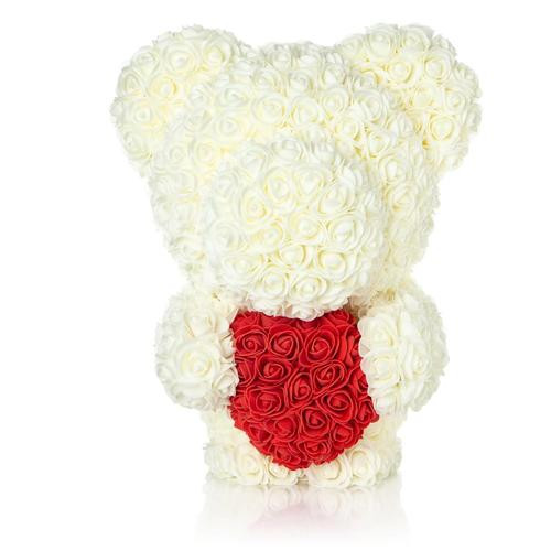 Oferte la Ursulet din trandafiri albi de sapun cu inima rosie, in cutie cadou cu funda, 55 cm (Culoare bijuterii: White)