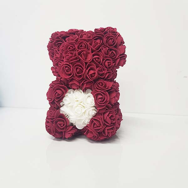 Oferte la Ursulet floral 25 cm decorat manual cu trandafiri spuma, cu inima in cutie (Culoare produse: Bordo)