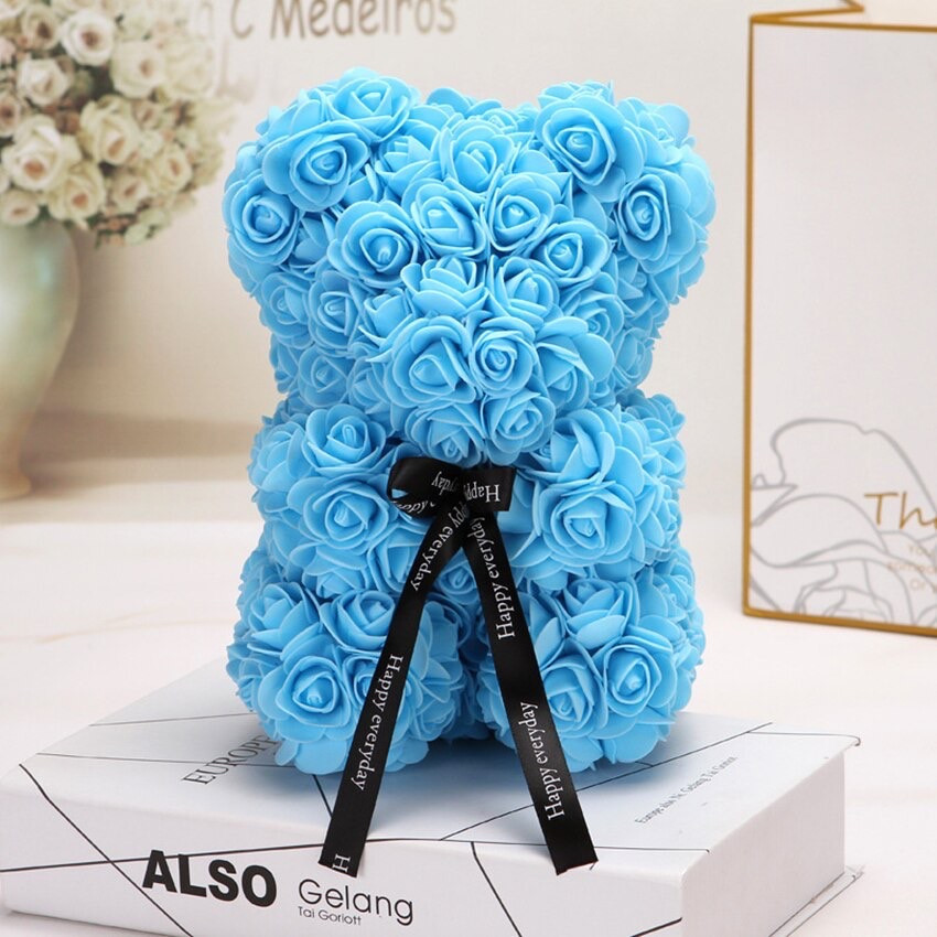 Oferte la Ursulet floral din Trandafiri de spuma 25 cm, cu funda, in cutie cadou (Culoare bijuterii: Turquoise)