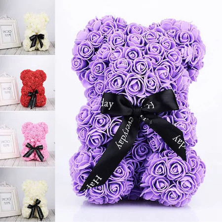 Oferte la Ursulet floral din Trandafiri de spuma 25 cm, cu funda, in cutie cadou (Culoare bijuterii: Mov)